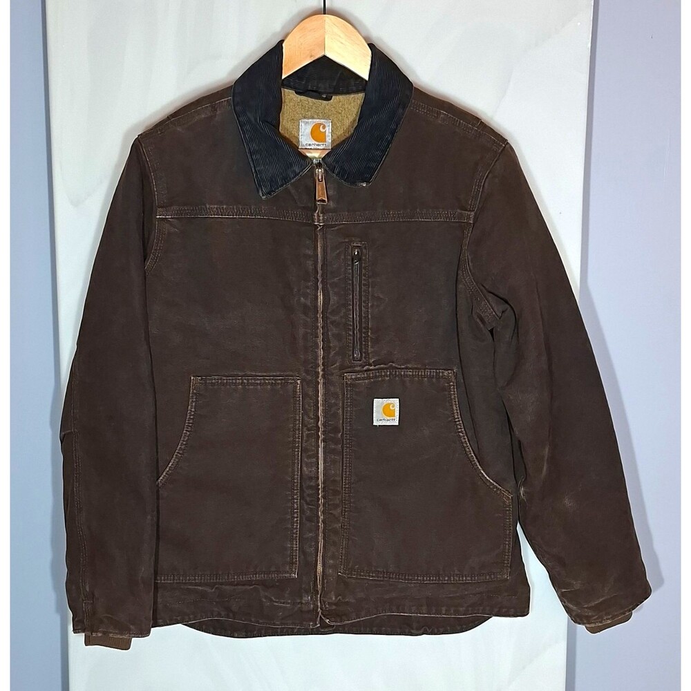 Carhartt Womens S WJ091 DKB Brown Canvas Sherpa Lined Distressed Y2K Work Jacket